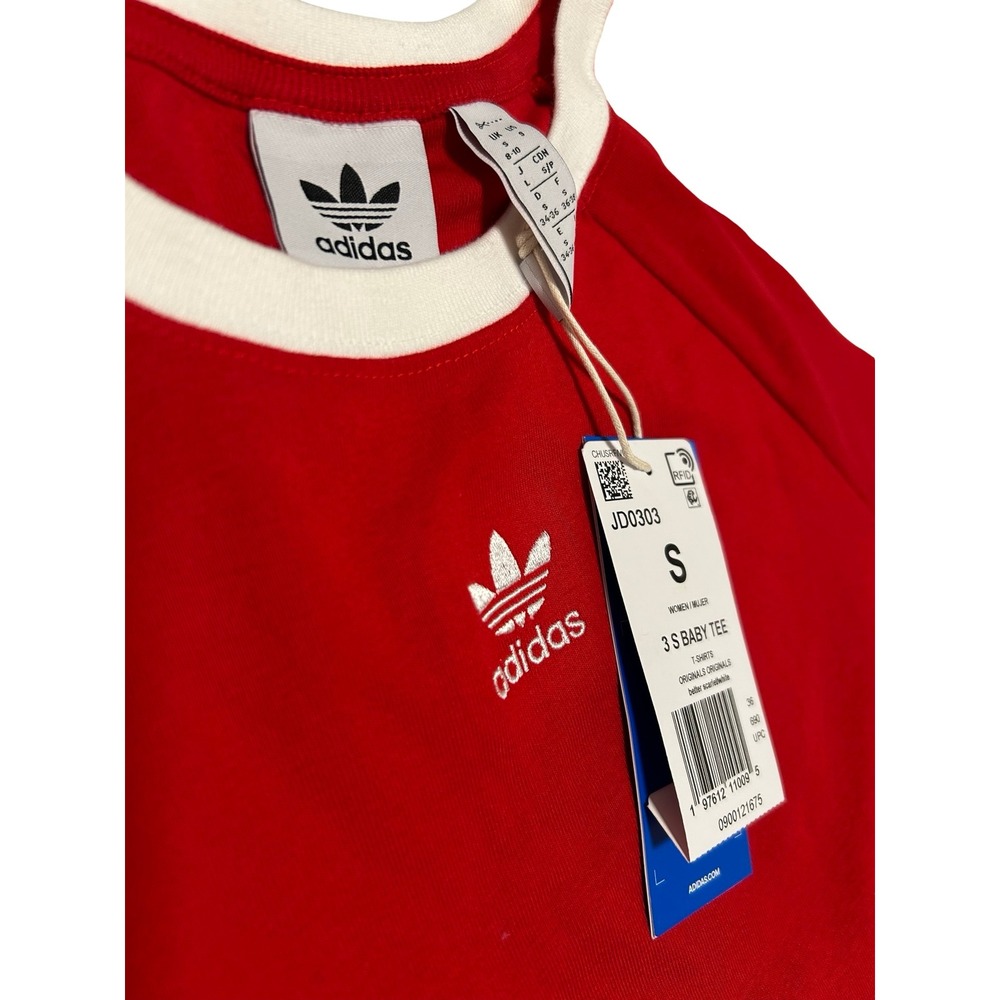 Adidas 3 Stripes Slim Fit Baby Tee Red Sz S NWT - Picture 2 of 5